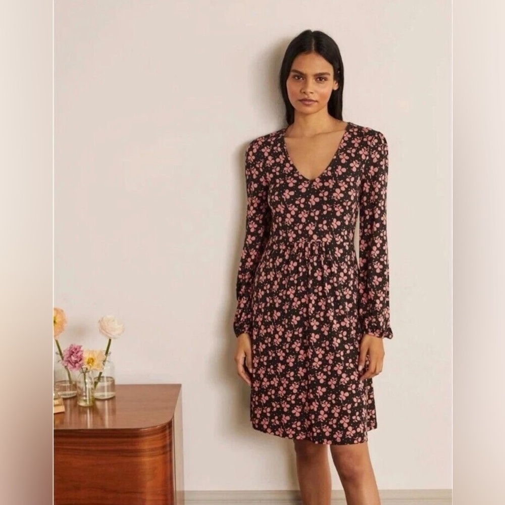 Boden Floral Jersey Knit Hattie Dress Size 6L Black Pink Long Sleeve Lightweight
